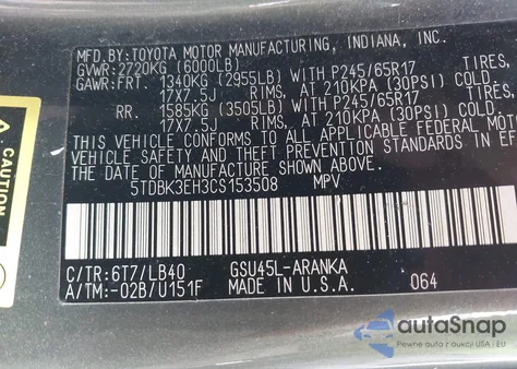 2012 Toyota Highlander Se V6 z USA, uszkodzony, nr VIN 5TDBK3EH3CS153508